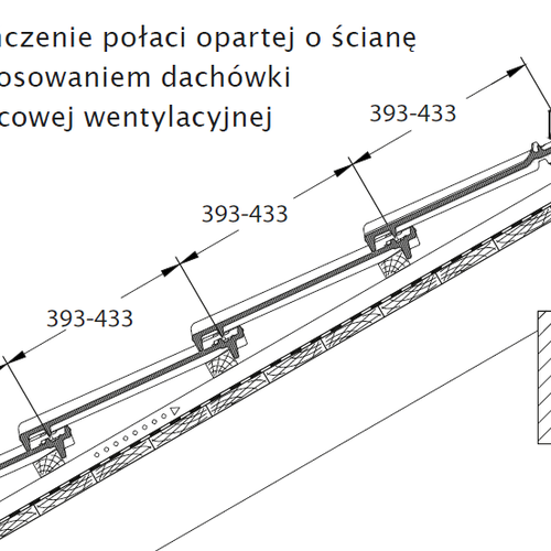 Technický výkres - Dokončení plochy opírající se o stěnu za pomocí podhřebenové větrací tašky